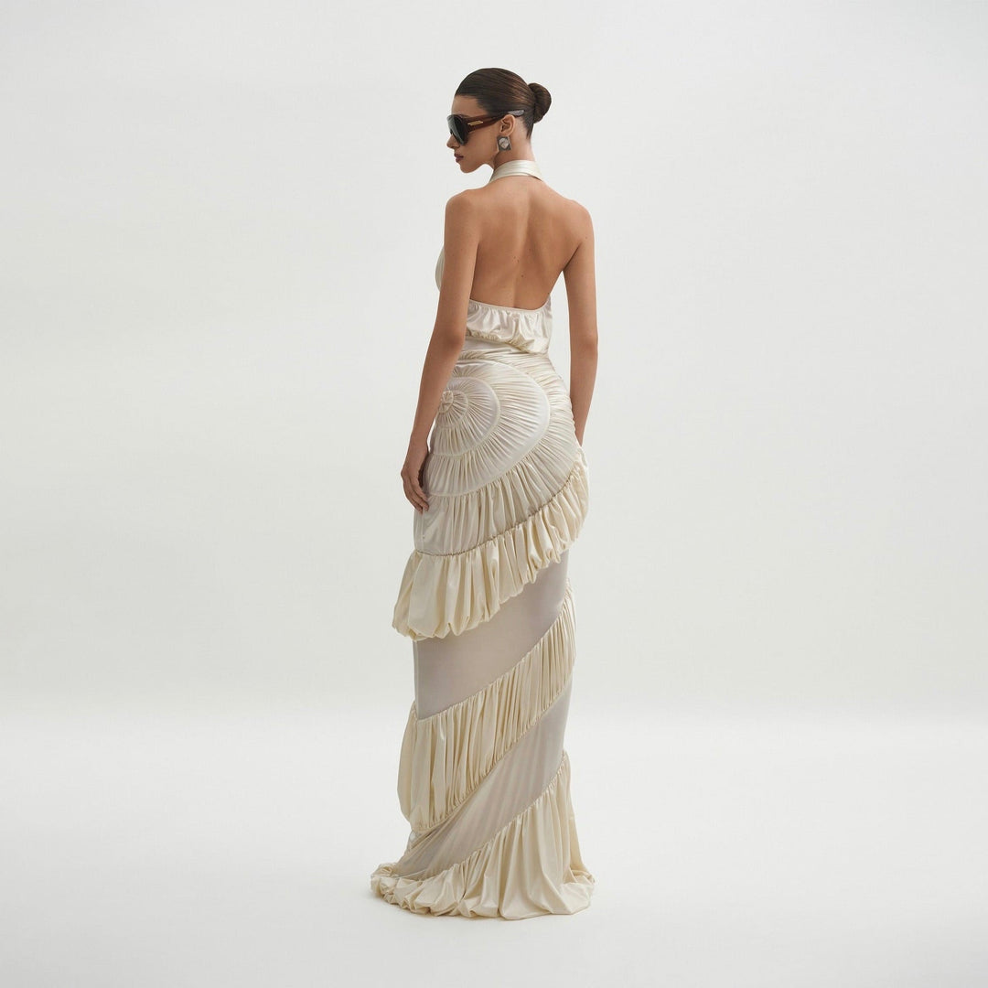 Innocence Ivory Sculpted Silk Halter Maxi Dress