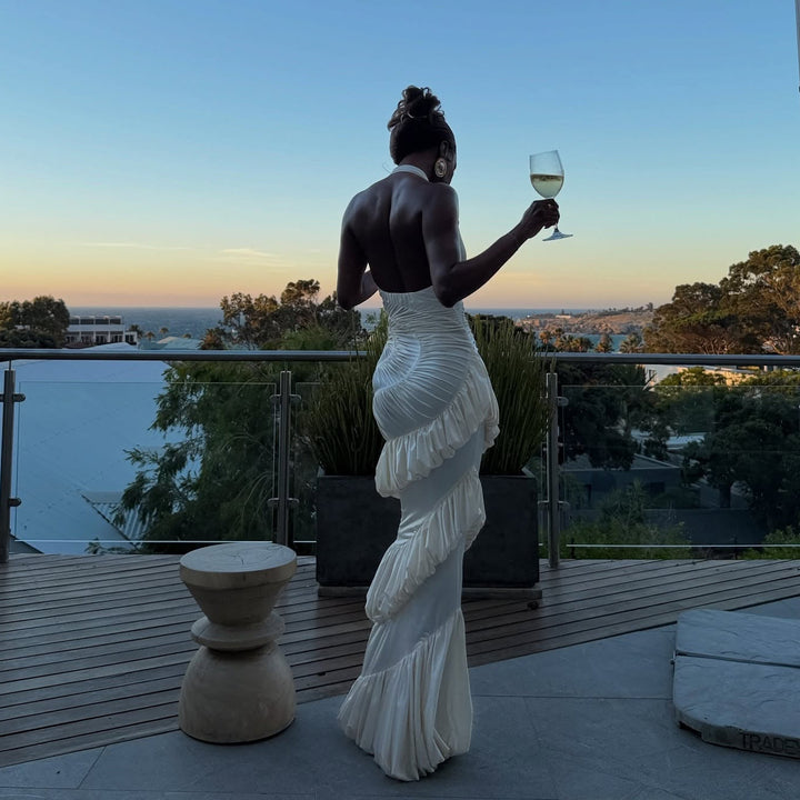 Innocence Ivory Sculpted Silk Halter Maxi Dress