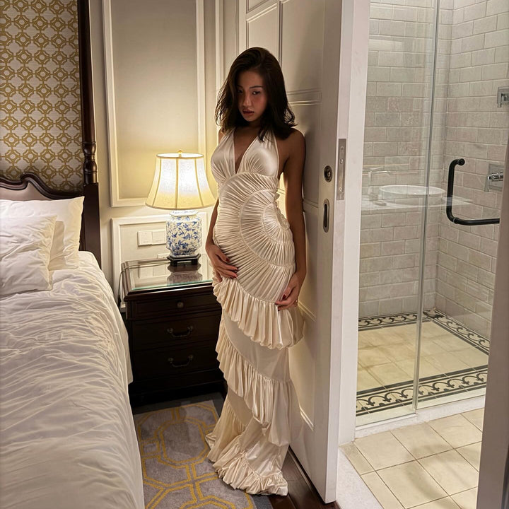 Innocence Ivory Sculpted Silk Halter Maxi Dress