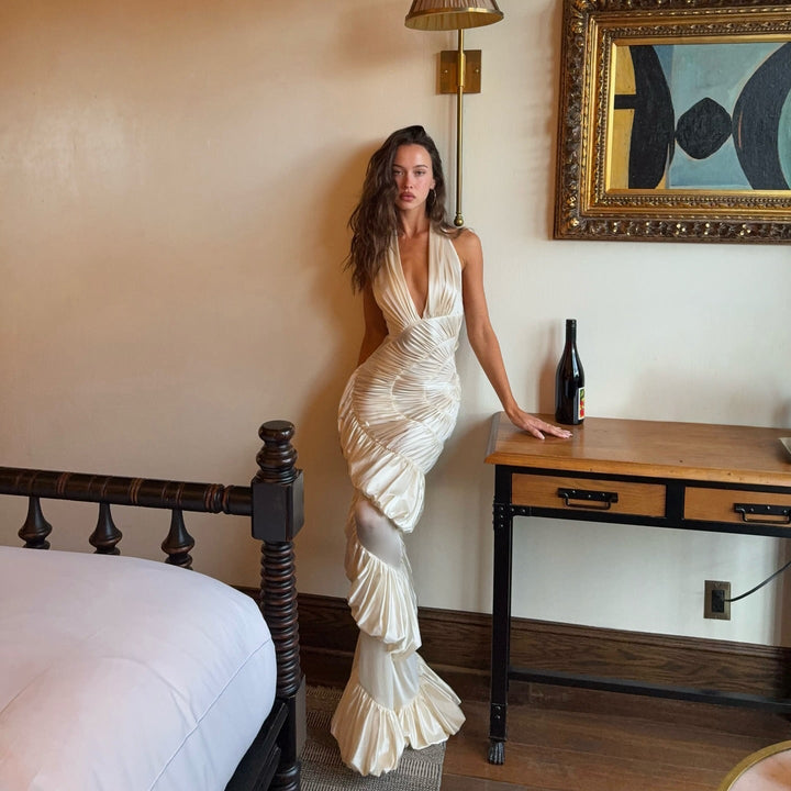 Innocence Ivory Sculpted Silk Halter Maxi Dress