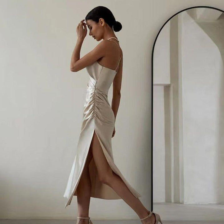 Lovely Lady Champagne Satin Midi Dress