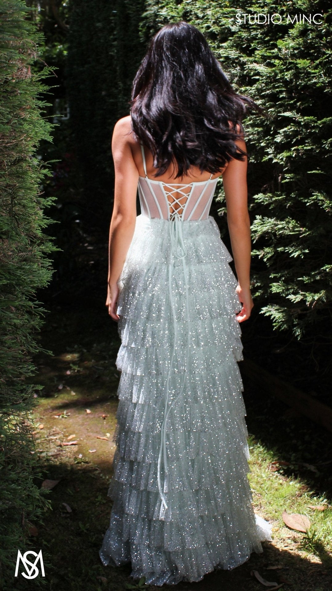 Maple - Light Sage Green Formal Dress | Sheer Corset layered glitter tulle leg slit