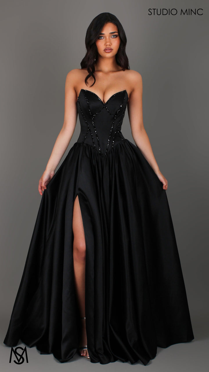 Palais - Black Formal Dress, drop waist gown hand beaded, basque waist corset
