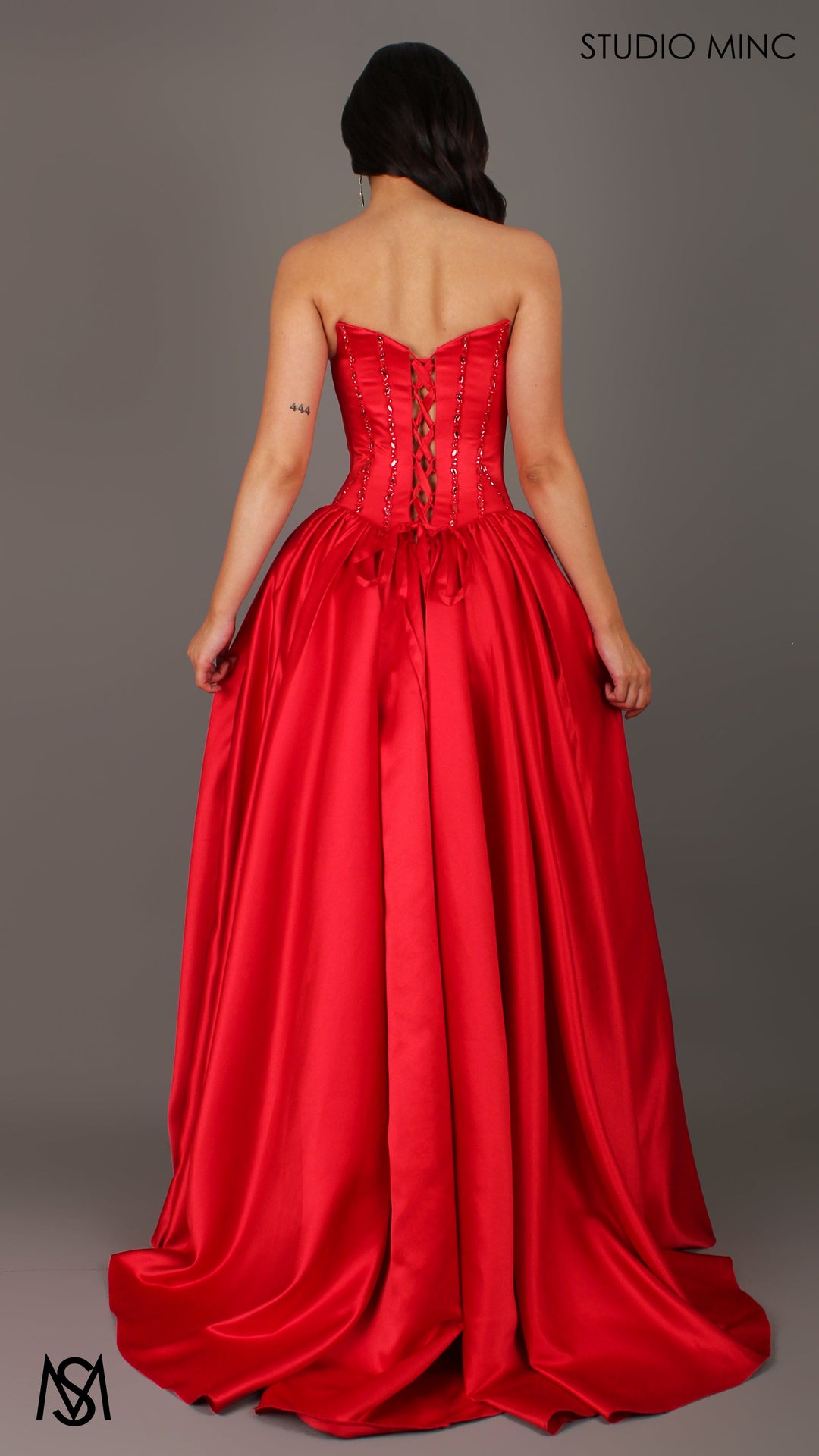 Palais - Red Formal Dress, drop waist gown hand beaded, basque waist corset