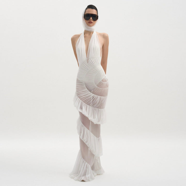 Plot Twist White Sheer Halter Maxi Dress With Built-In Bodysuit