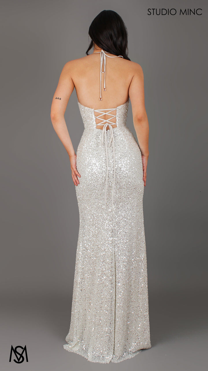Rendezvous - Silver Formal Dress, Sequin and beaded Cowl Plunge halter neck, fitted silhouette high leg slit