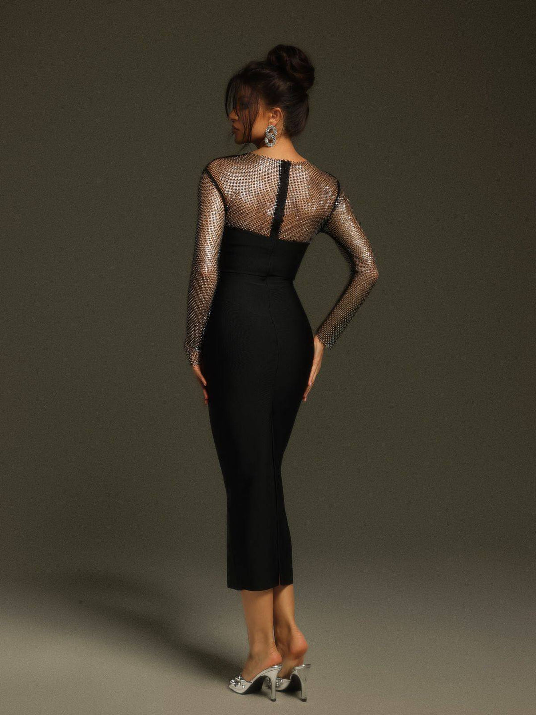 Celestia - Long Sleeve Crystal Bandage Midi Dress