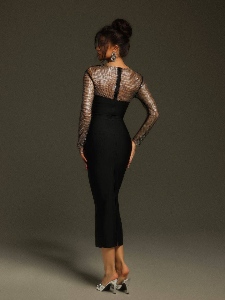 Celestia - Long Sleeve Crystal Bandage Midi Dress