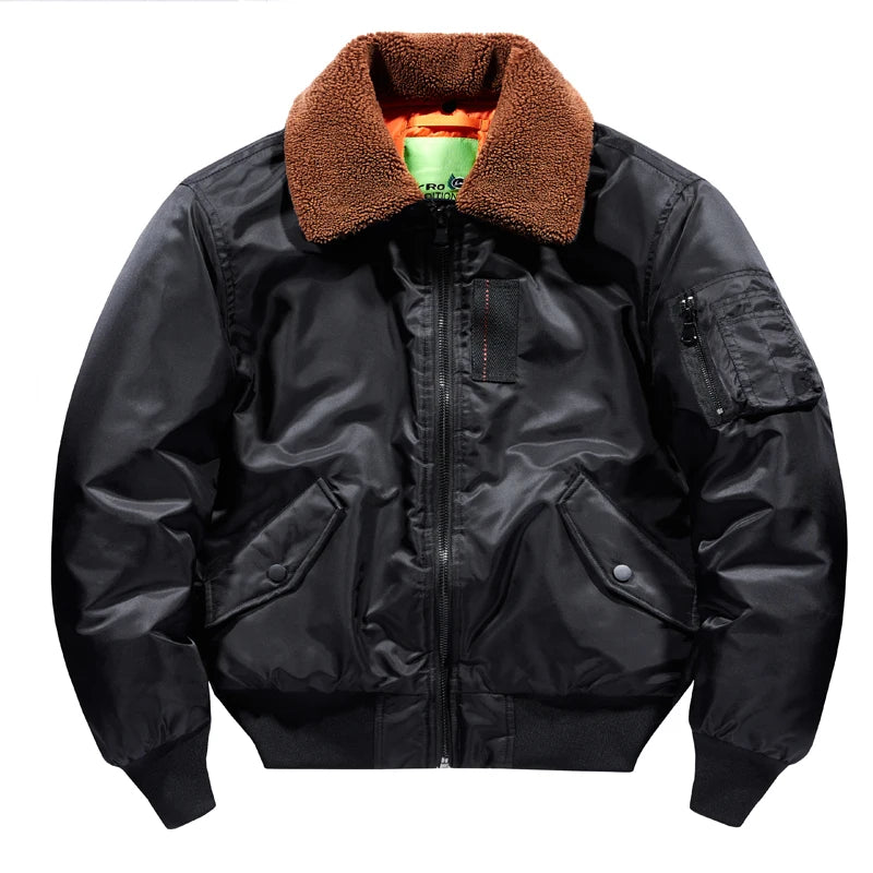 Fur Collar Bomber Jacket, Military Coat, Thick Cotton Liner, MA-1 Flight Pilot Jacket