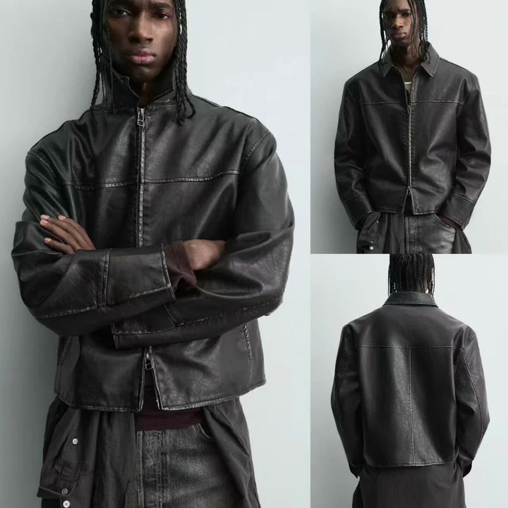 Men’s Retro Washed Faux Leather Zip-Up Windproof Long-Sleeve Jacket