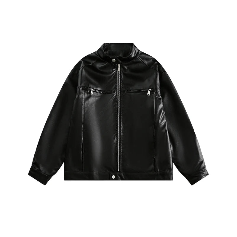 Men’s Vintage Black Zip-Up Leather Jacket Quilted Long-Sleeve