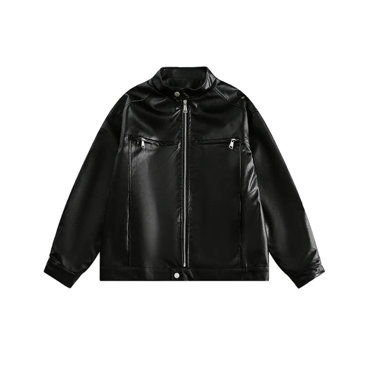 Men’s Vintage Black Zip-Up Leather Jacket Quilted Long-Sleeve