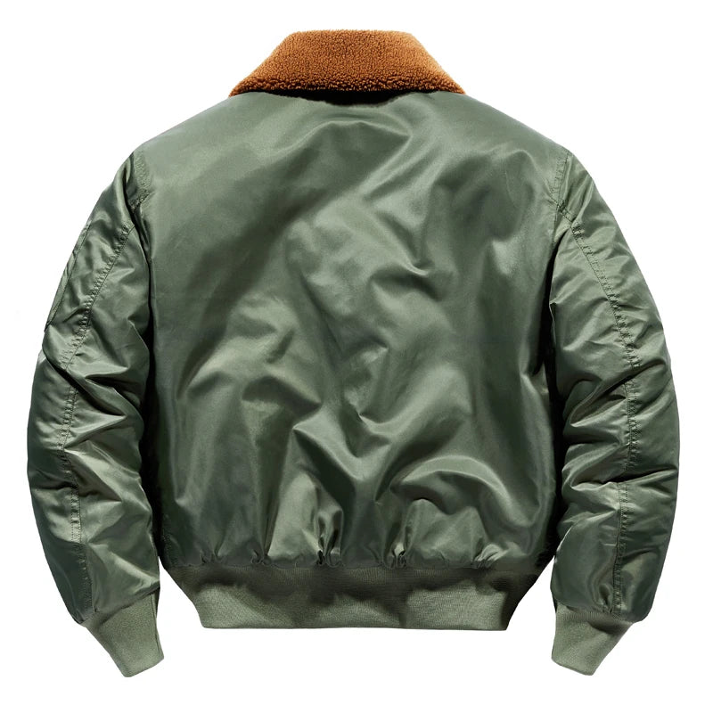 Fur Collar Bomber Jacket, Military Coat, Thick Cotton Liner, MA-1 Flight Pilot Jacket
