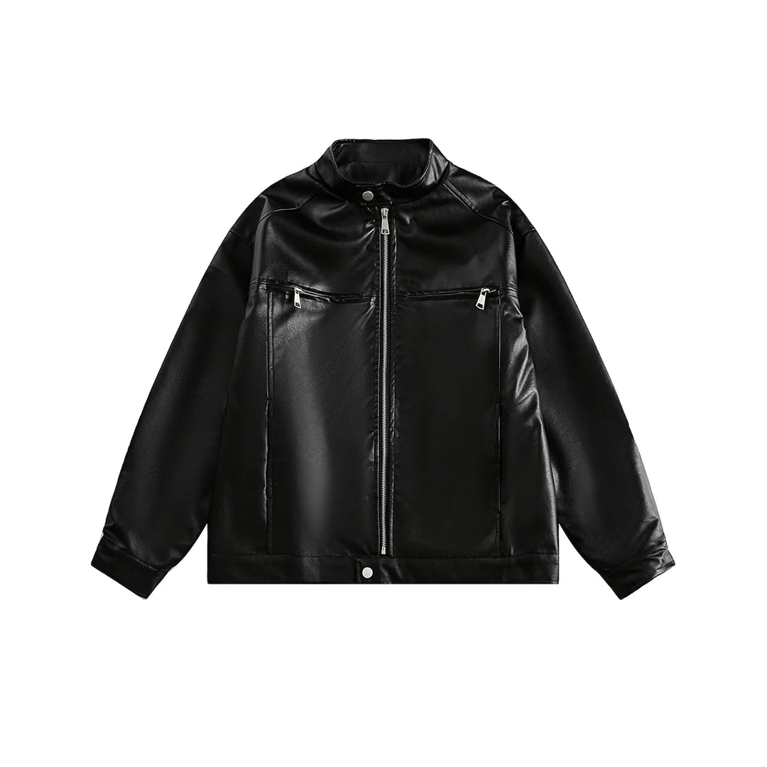 Men’s Vintage Black Zip-Up Leather Jacket Quilted Long-Sleeve