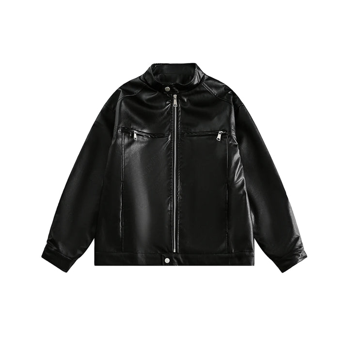Men’s Vintage Black Zip-Up Leather Jacket Quilted Long-Sleeve