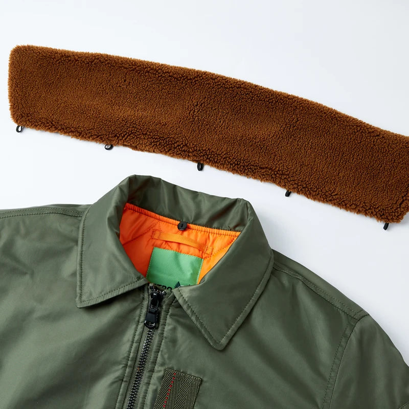 Fur Collar Bomber Jacket, Military Coat, Thick Cotton Liner, MA-1 Flight Pilot Jacket