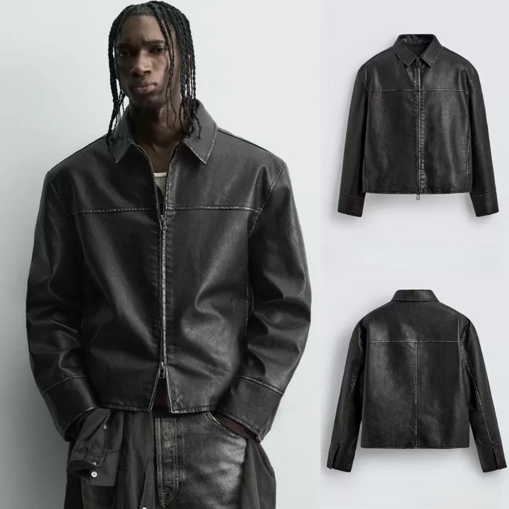 Men’s Retro Washed Faux Leather Zip-Up Windproof Long-Sleeve Jacket