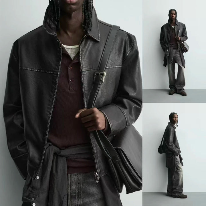 Men’s Retro Washed Faux Leather Zip-Up Windproof Long-Sleeve Jacket