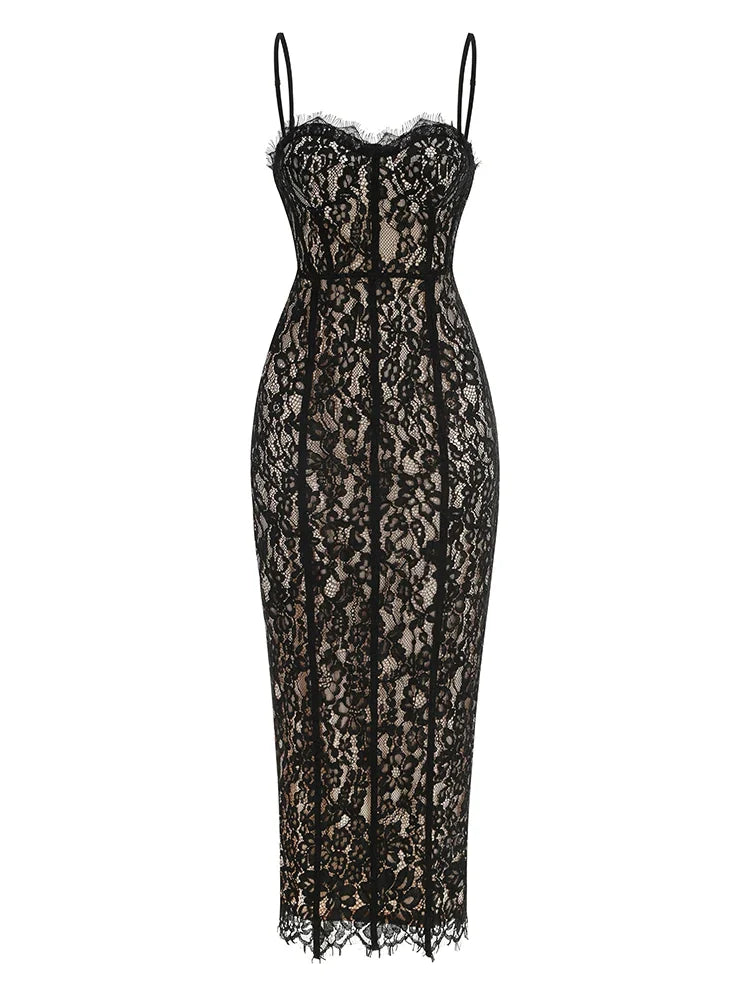 Volante Long Lace Dress Black