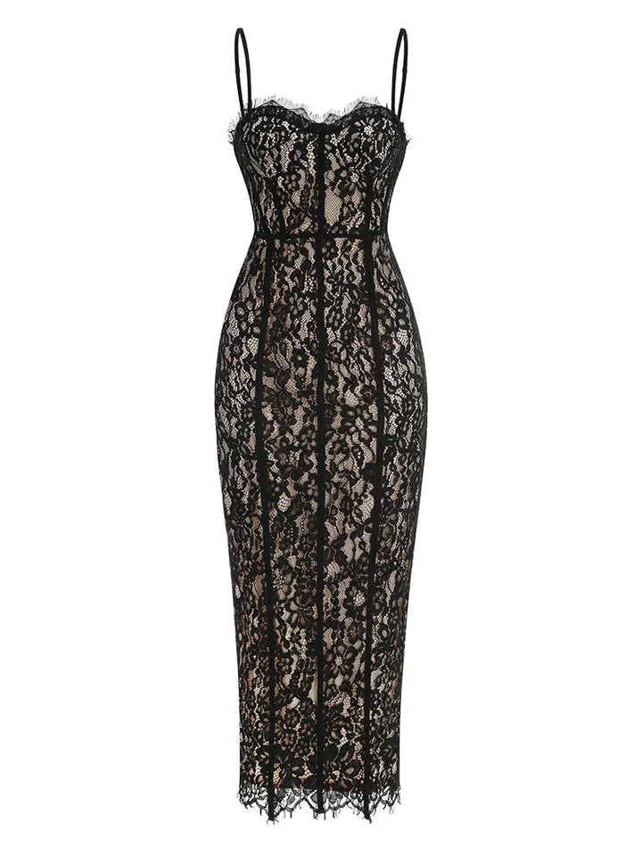 Volante Long Lace Dress Black