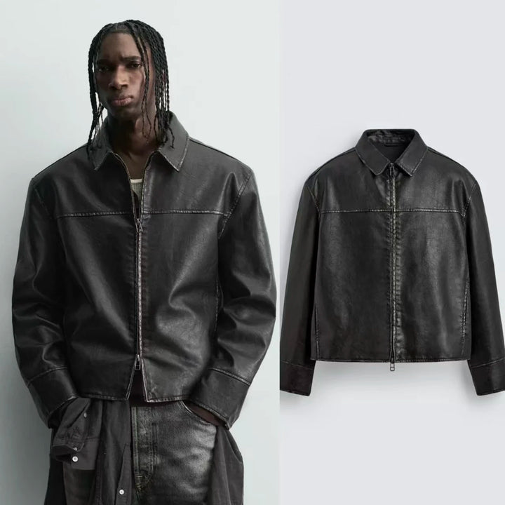Men’s Retro Washed Faux Leather Zip-Up Windproof Long-Sleeve Jacket