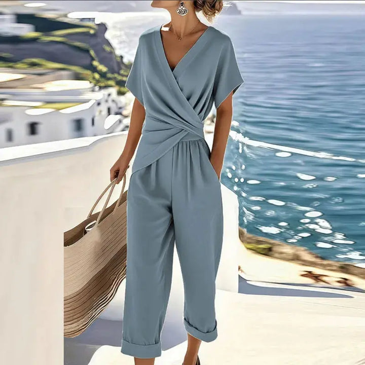 Women’s Two Piece Set – Wrap Top and Tailored Pants Matching Outfit Elegant Summer Set