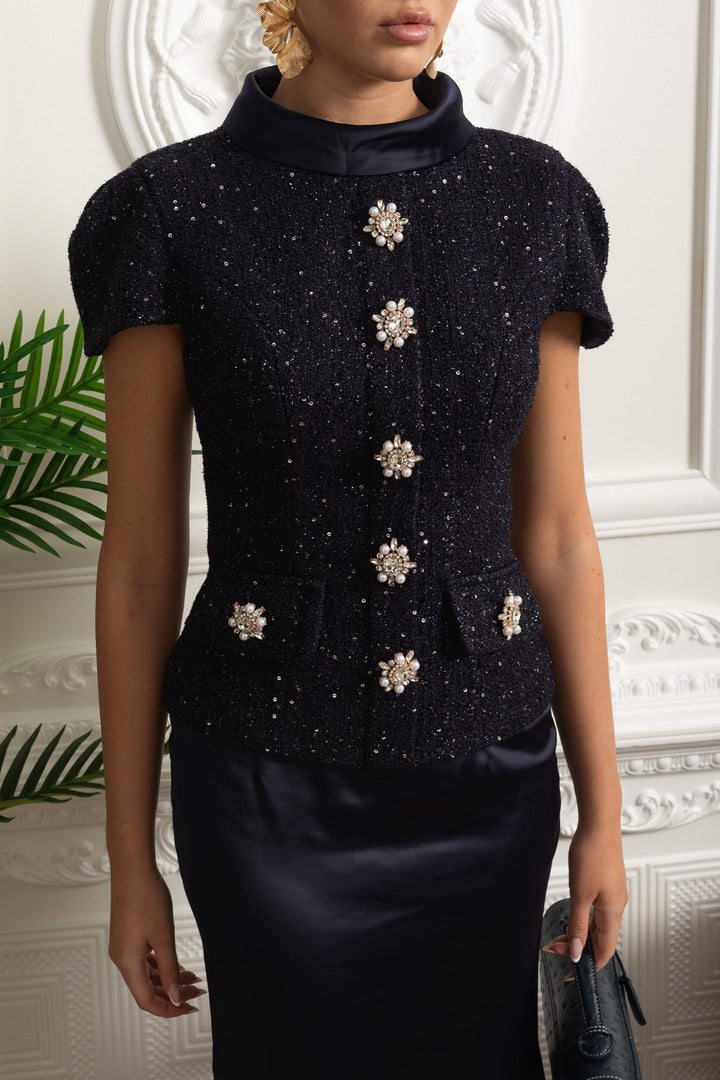Co-Ord Set with Tweed Embellished Top and Satin Maxi Skirt - Navy