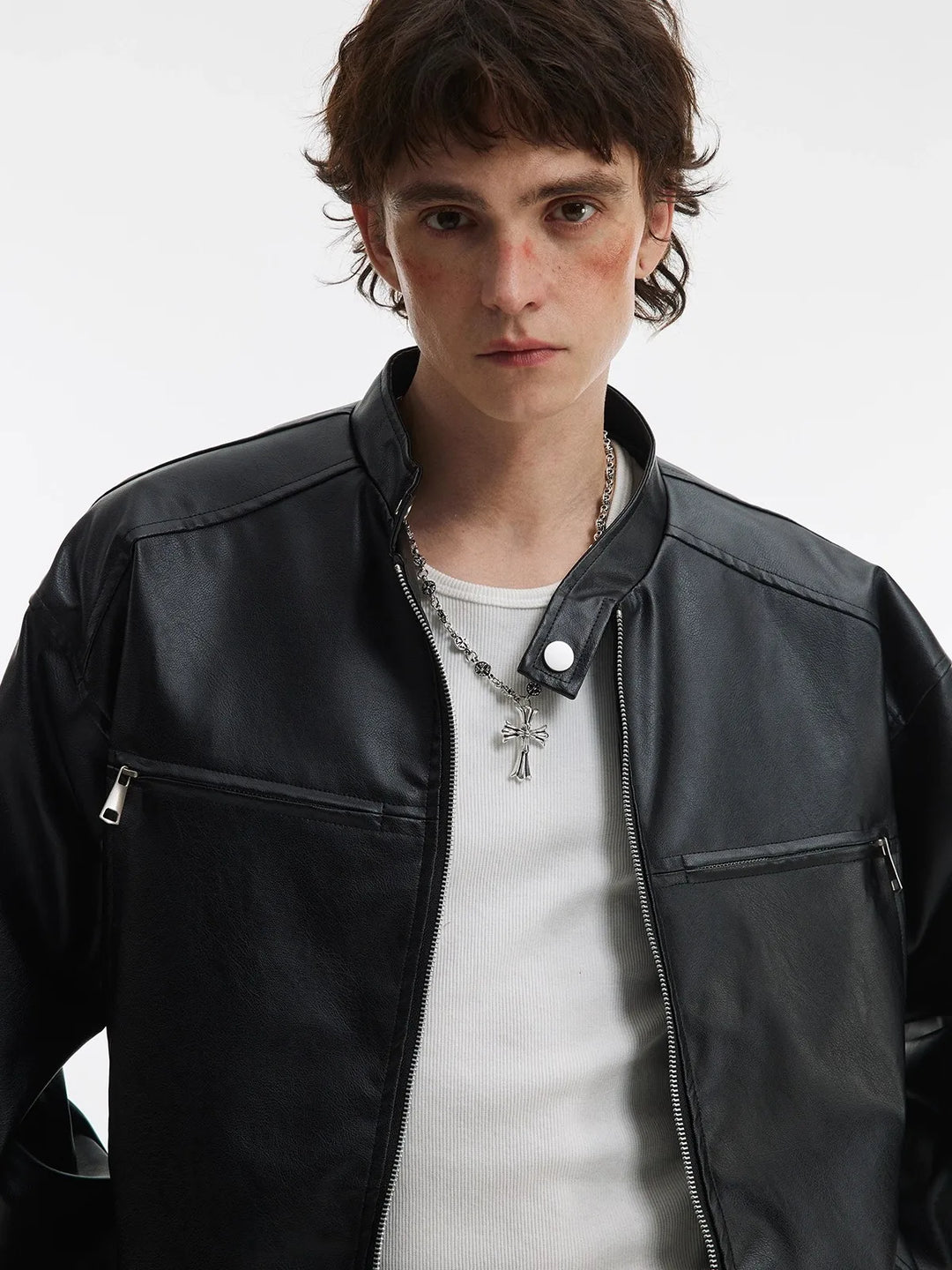 Men’s Vintage Black Zip-Up Leather Jacket Quilted Long-Sleeve