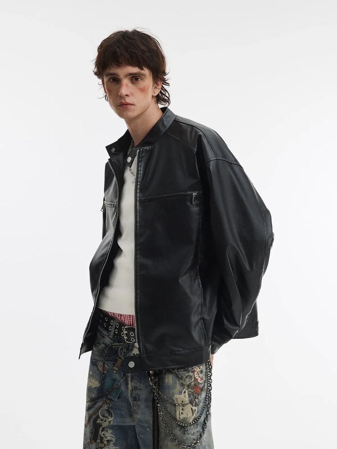 Men’s Vintage Black Zip-Up Leather Jacket Quilted Long-Sleeve