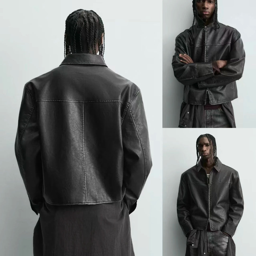 Men’s Retro Washed Faux Leather Zip-Up Windproof Long-Sleeve Jacket