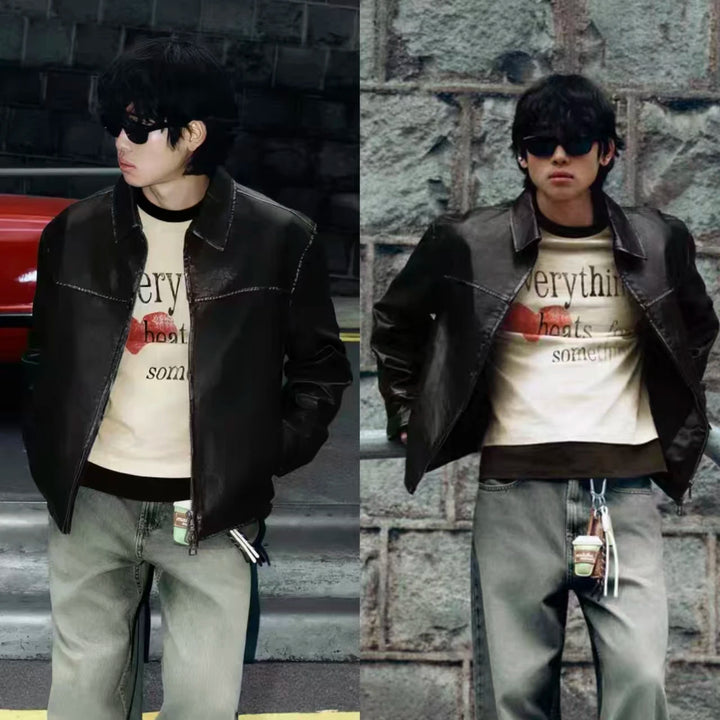 Men’s Retro Washed Faux Leather Zip-Up Windproof Long-Sleeve Jacket