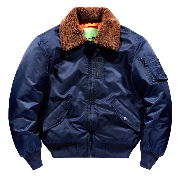 Fur Collar Bomber Jacket, Military Coat, Thick Cotton Liner, MA-1 Flight Pilot Jacket