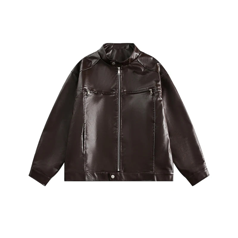 Men’s Vintage Black Zip-Up Leather Jacket Quilted Long-Sleeve