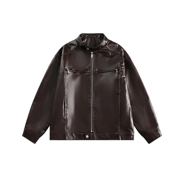 Men’s Vintage Black Zip-Up Leather Jacket Quilted Long-Sleeve