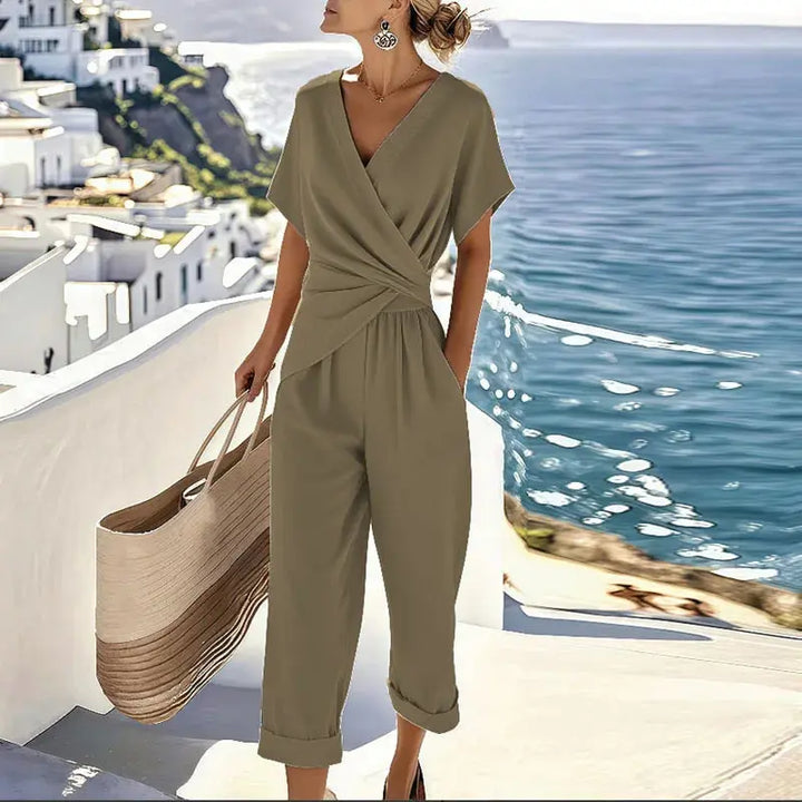 Women’s Two Piece Set – Wrap Top and Tailored Pants Matching Outfit Elegant Summer Set