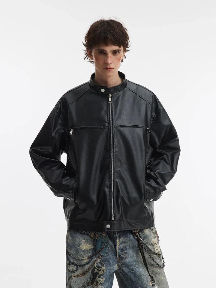 Men’s Vintage Black Zip-Up Leather Jacket Quilted Long-Sleeve