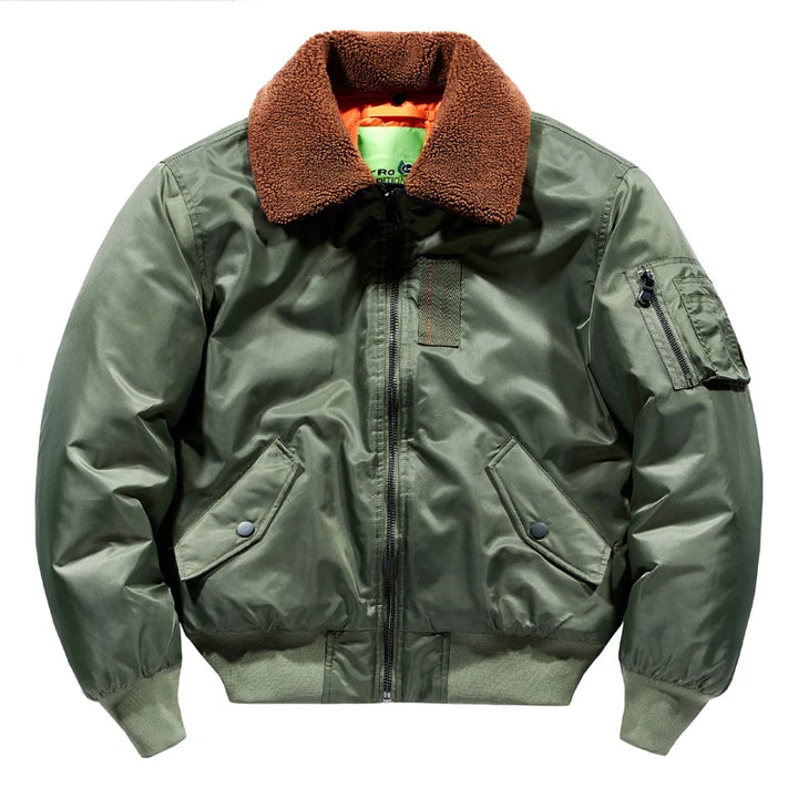 Fur Collar Bomber Jacket, Military Coat, Thick Cotton Liner, MA-1 Flight Pilot Jacket