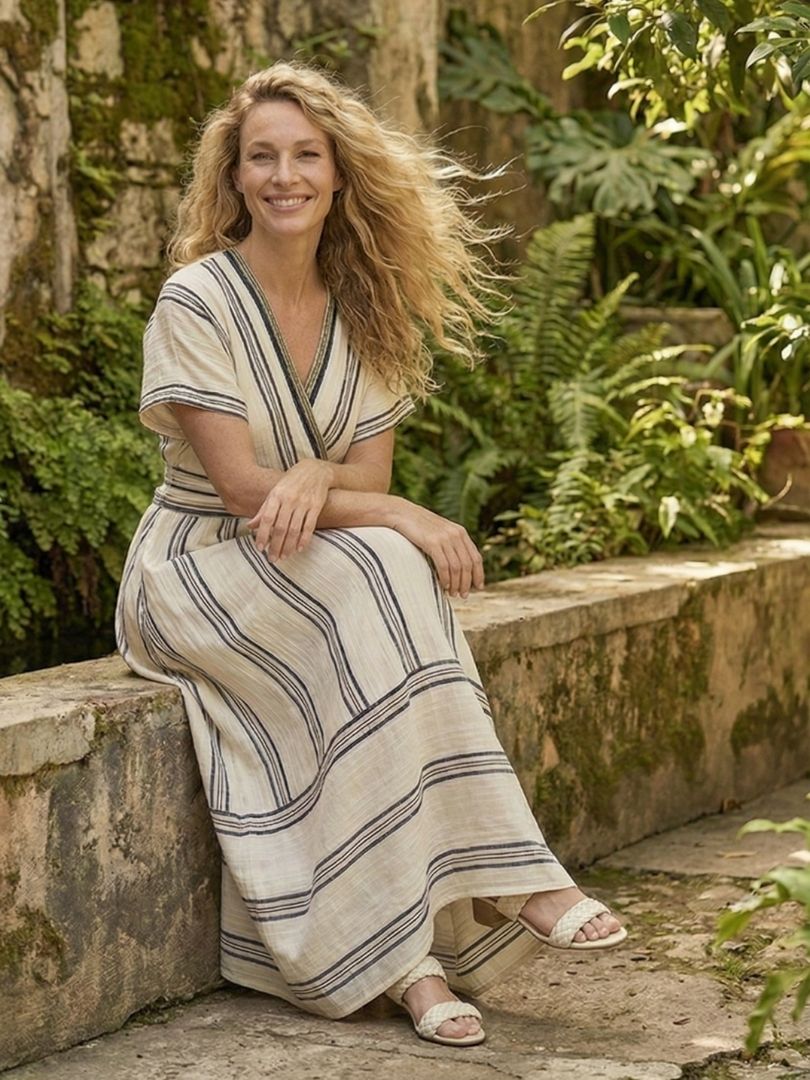 Thalassa | V Neck Short Sleeve Wrap Waist Linen Midi Dress