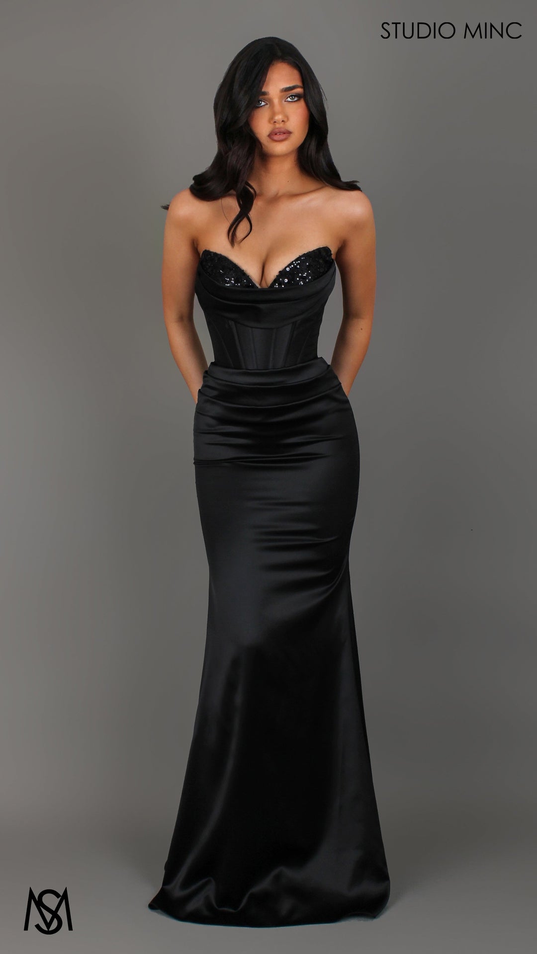 Verite - Black Formal Dress, Strapless Corset Beaded Bra Cups, fitted satin draped skirt