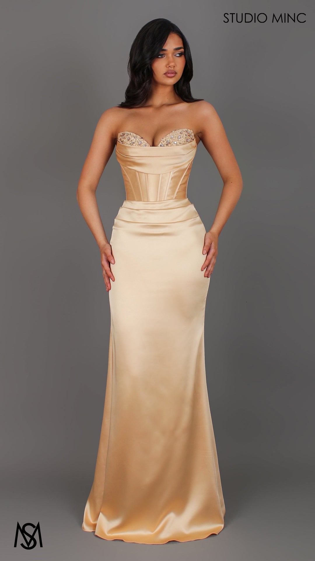 Verite - Gold Formal Dress, Strapless Corset Beaded Bra Cups, fitted satin draped skirt