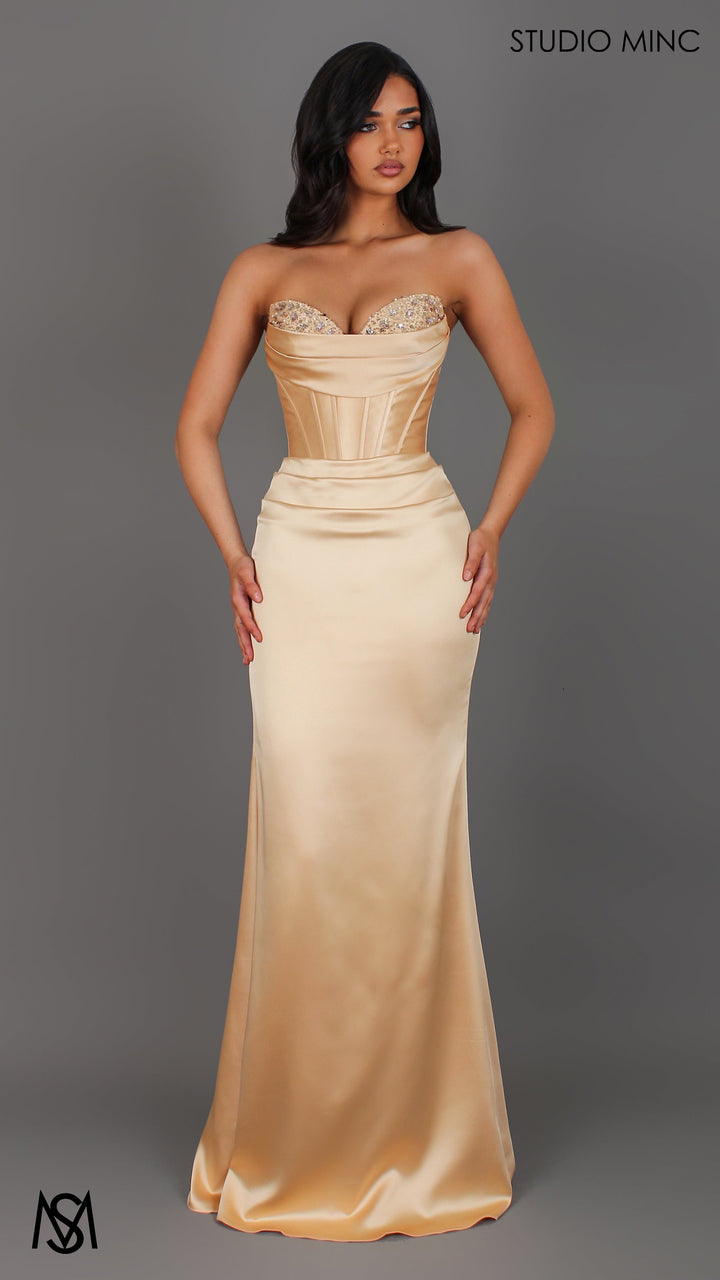 Verite - Gold Formal Dress, Strapless Corset Beaded Bra Cups, fitted satin draped skirt