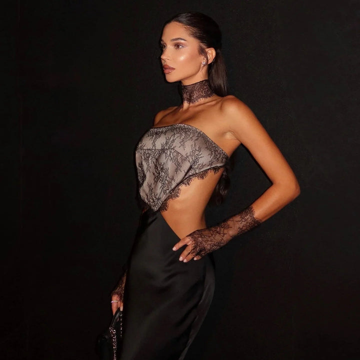 Watch Me Maxi Dress With Lace Choker And Statement Gloves