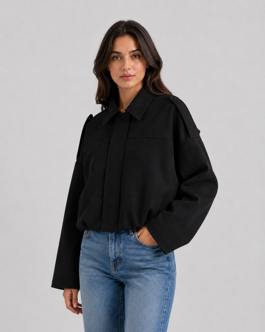 Women’s Suede Zip Up Jacket – Relaxed Cropped Fit