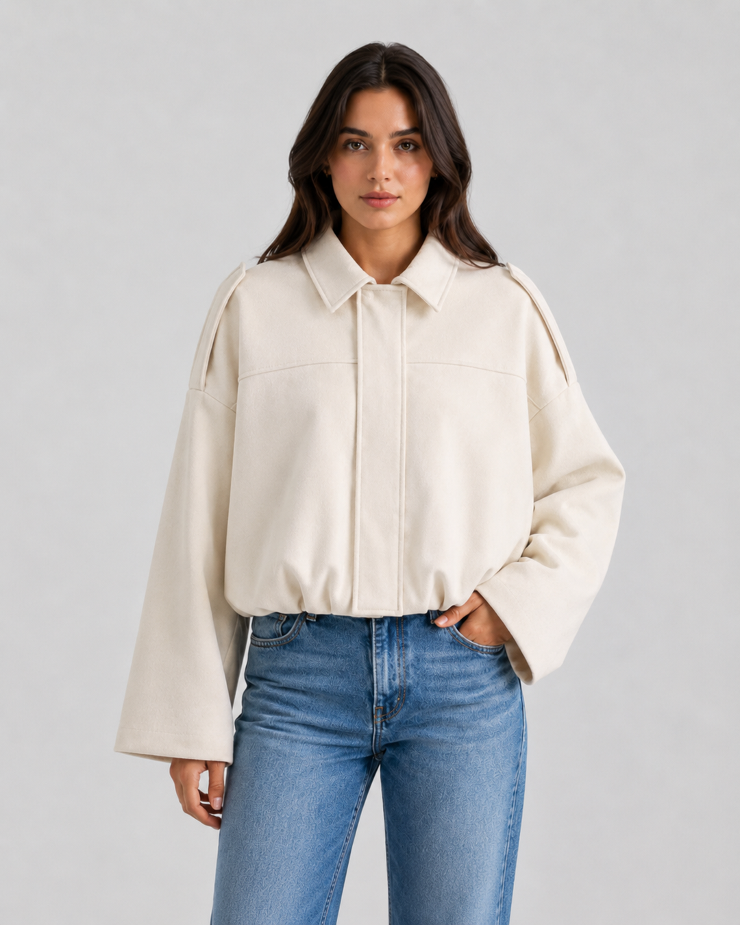 Women’s Suede Zip Up Jacket – Relaxed Cropped Fit