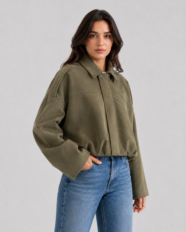 Women’s Suede Zip Up Jacket – Relaxed Cropped Fit