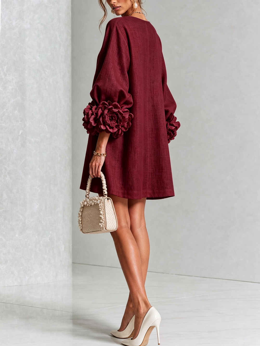 Floral Button-down Linen Blend Mini Dress With Striking Floral Cuffs
