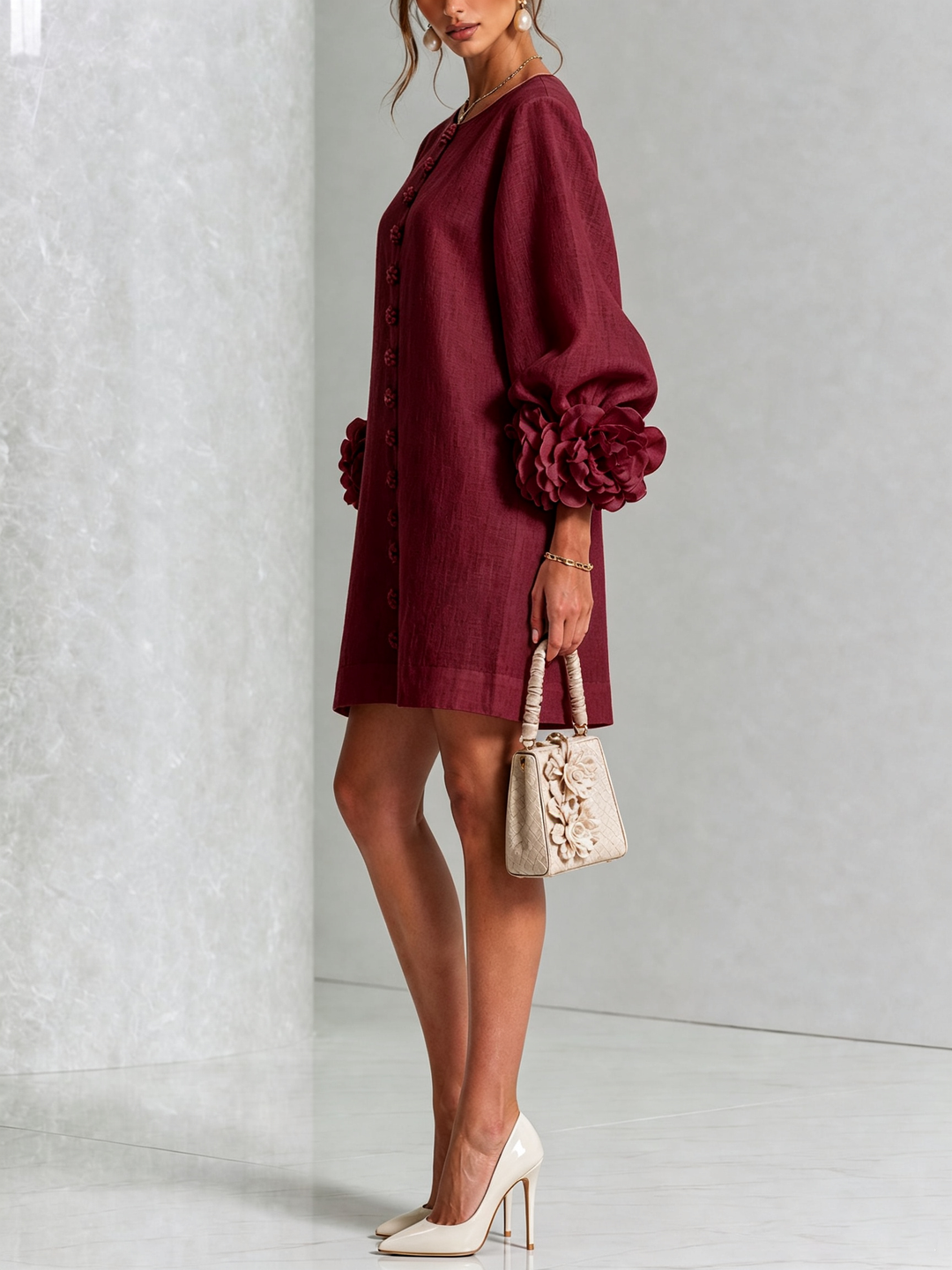 Floral Button-down Linen Blend Mini Dress With Striking Floral Cuffs
