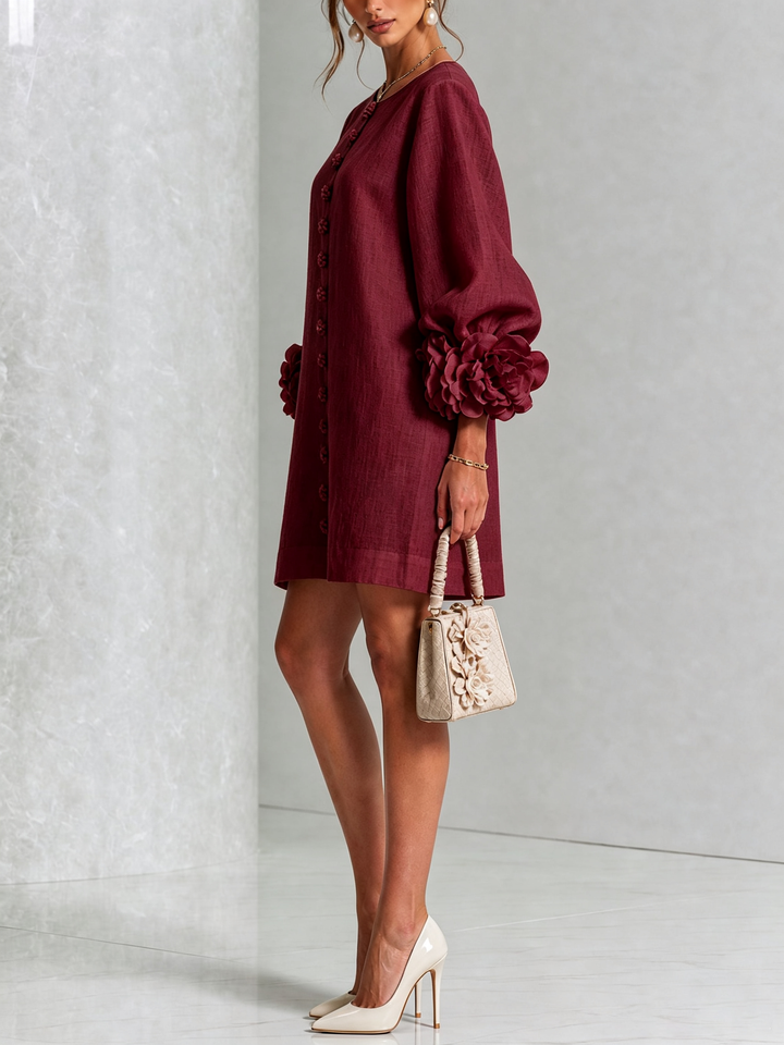 Floral Button-down Linen Blend Mini Dress With Striking Floral Cuffs