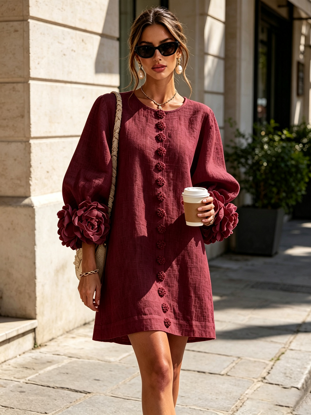 Floral Button-down Linen Blend Mini Dress With Striking Floral Cuffs