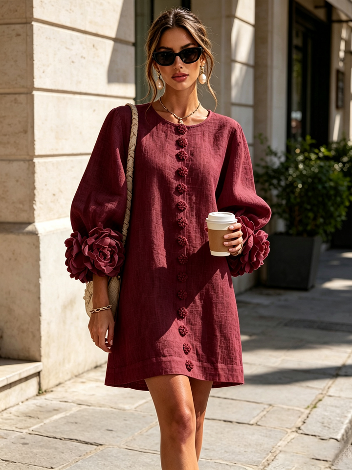 Floral Button-down Linen Blend Mini Dress With Striking Floral Cuffs